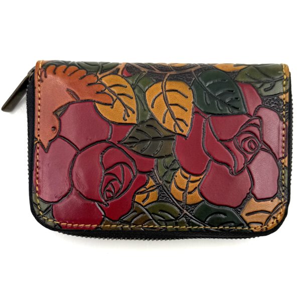 cartera con cremallera de piel hechas y pintadas a mano talabar arteartesania carlos tellechea